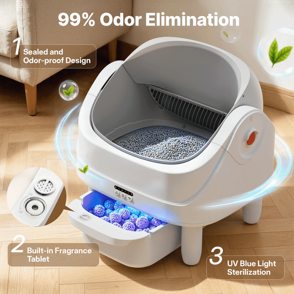 Qvamodo Self Cleaning Cat Litter Box, Automatic Open Top Cat Litter Box for Multiple Cats, Smart Litter Box with APP Control, 111 L Large Capacity, 7-Sensor Protection, Low Odor Cat Litter Solution