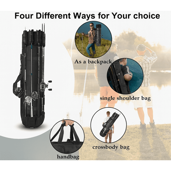 MAJUNES Fishing Bag, Durable Canvas Fishing Rod Bag, Fishing Rod Case Holds 5 Poles and Tackle, Black
