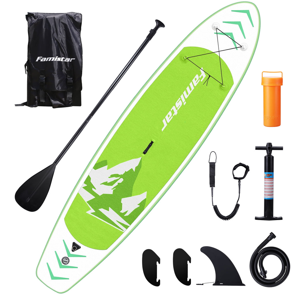 Famistar Inflatable SUP Paddle Board, 144"Lx32"Wx6"THK, w/ 3 Removable Fins, Adjustable Paddle, Pump with PSI Gauge, Carrying Backpack & Repair Kit