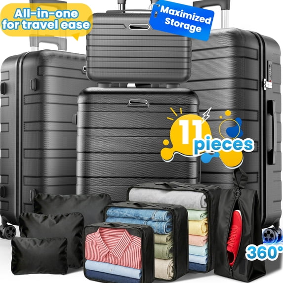 Campmoy 11Pcs Hardshell Luggage Set, Lightweight Suitcases w/ Spinner Wheels, Carry on Luggage, Black