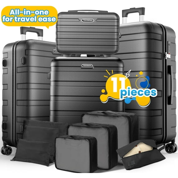 ODYAAZ 4Pcs Hardshell Luggage Set, Lightweight Suitcases w/ Spinner Wheels, Carry on Luggage, Black