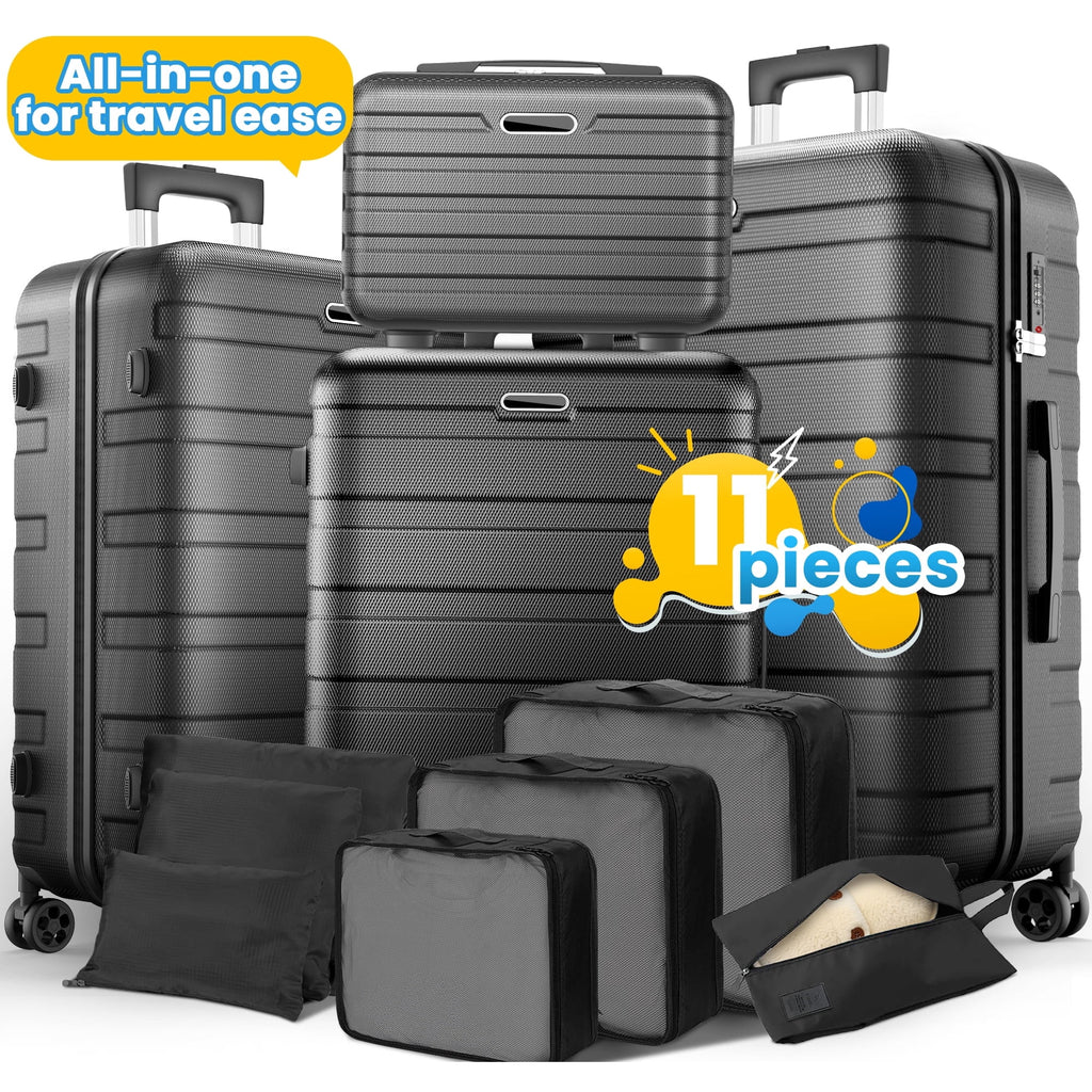Campmoy 11Pcs Hardshell Luggage Set, Lightweight Suitcases w/ Spinner Wheels, Carry on Luggage, Black