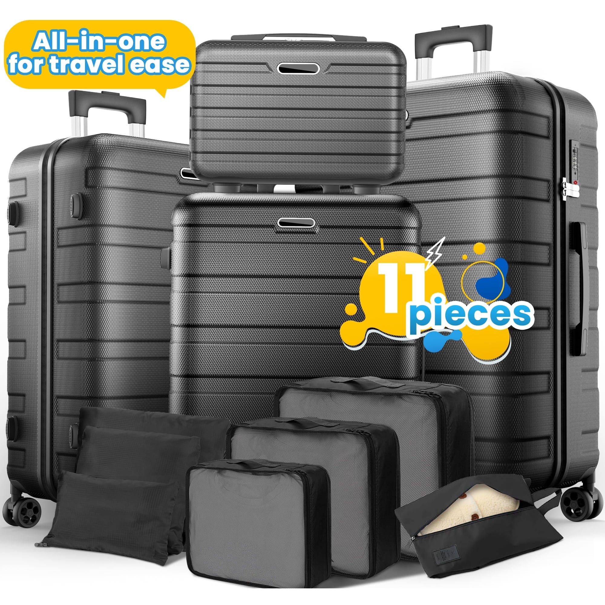 Campmoy 11Pcs Hardshell Luggage Set, Lightweight Suitcases w/ Spinner Wheels, Carry on Luggage, Black