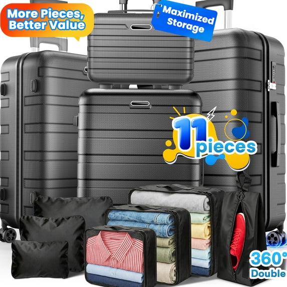 Campmoy 11Pcs Hardshell Luggage Set, Lightweight Suitcases w/ Spinner Wheels, Carry on Luggage, Black