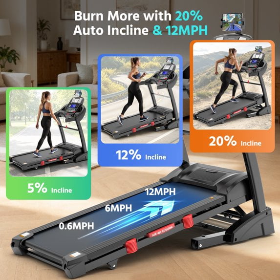 AQUGOKS Home 4.95HP Treadmill with 20% Auto Incline, 400LB Capacity Foldable Treadmills with 12MPH Max Speed, 71 intelligent Programs, 51"×18" Extra-Wide Running Surface, Walking Running Electric Machine