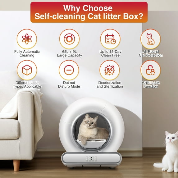 Campmoy Automatic Cat Litter Box, 110L Self Cleaning Litter Box with APP Control, Odor Removal, Safety Protection, 65L+9L Large Capacity, Litter Box with 2 Liners & Baffle Plate
