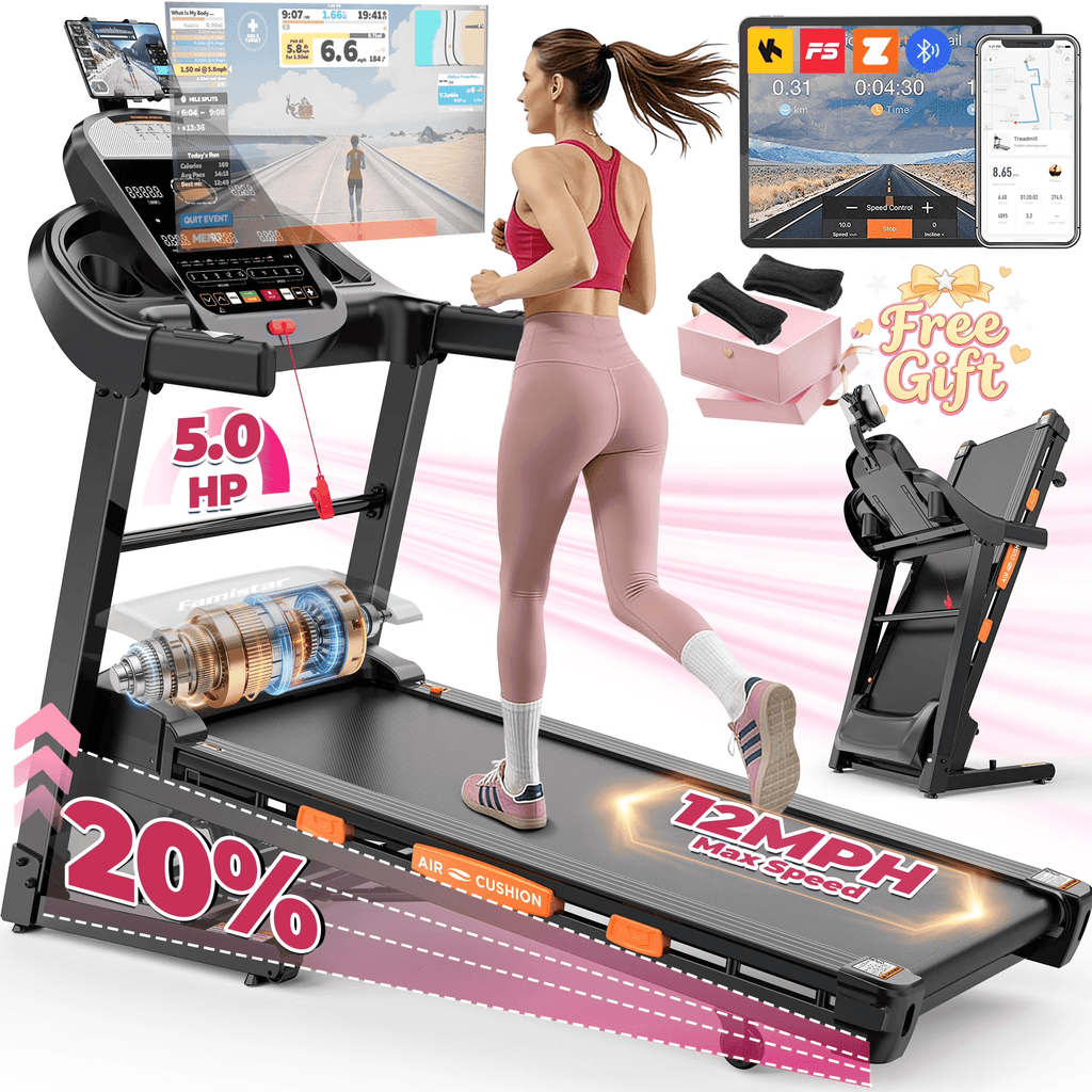 FaayFian 5.0 HP Folding Treadmill with 20-Level Adjustable Incline, 12mph Speed Running Machine,Treadmill 400 lb Capacity, Silent Brushless Motor,105 Preset Training Program Electric Treadmills for Home Use