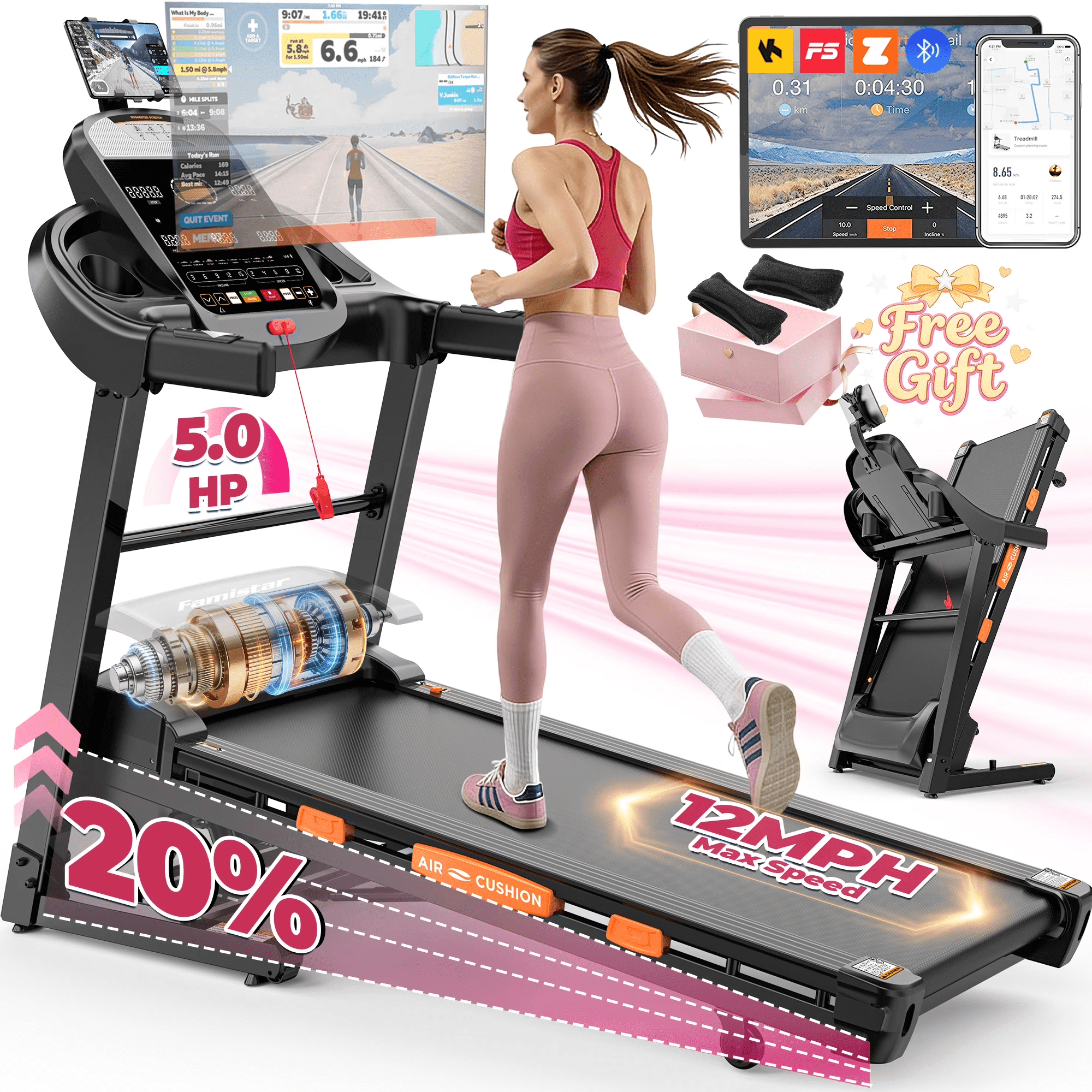 FaayFian 5.0 HP Folding Treadmill with 20-Level Adjustable Incline, 12mph Speed Running Machine,Treadmill 400 lb Capacity, Silent Brushless Motor,105 Preset Training Program Electric Treadmills for Home Use