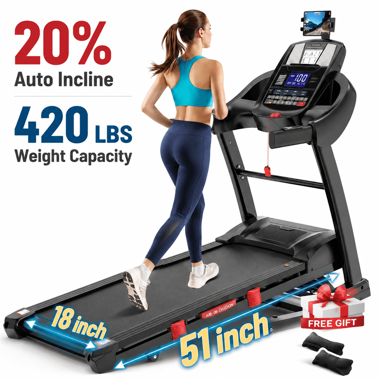 OXIBYPU 5.05HP Folding Treadmill for Home with 20% Auto Incline, 400 lb Capacity Treadmill, 18" x 51" Running Belt, Portable Treadmill with APP Control, Exercise Equipment for Walking Jogging Running