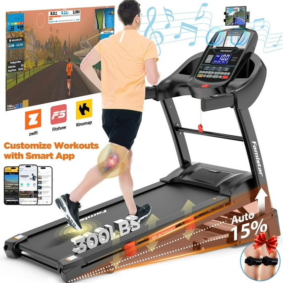 Campmoy 5.0HP 300LB Capacity Treadmill for Home, Foldable Treadmill w/ 15% Auto Incline, Immersive Run w/ Smart APP, 64+7 Workout Programs, 10MPH, Shock-Absorbing Exercise Treadmill for Walking Running