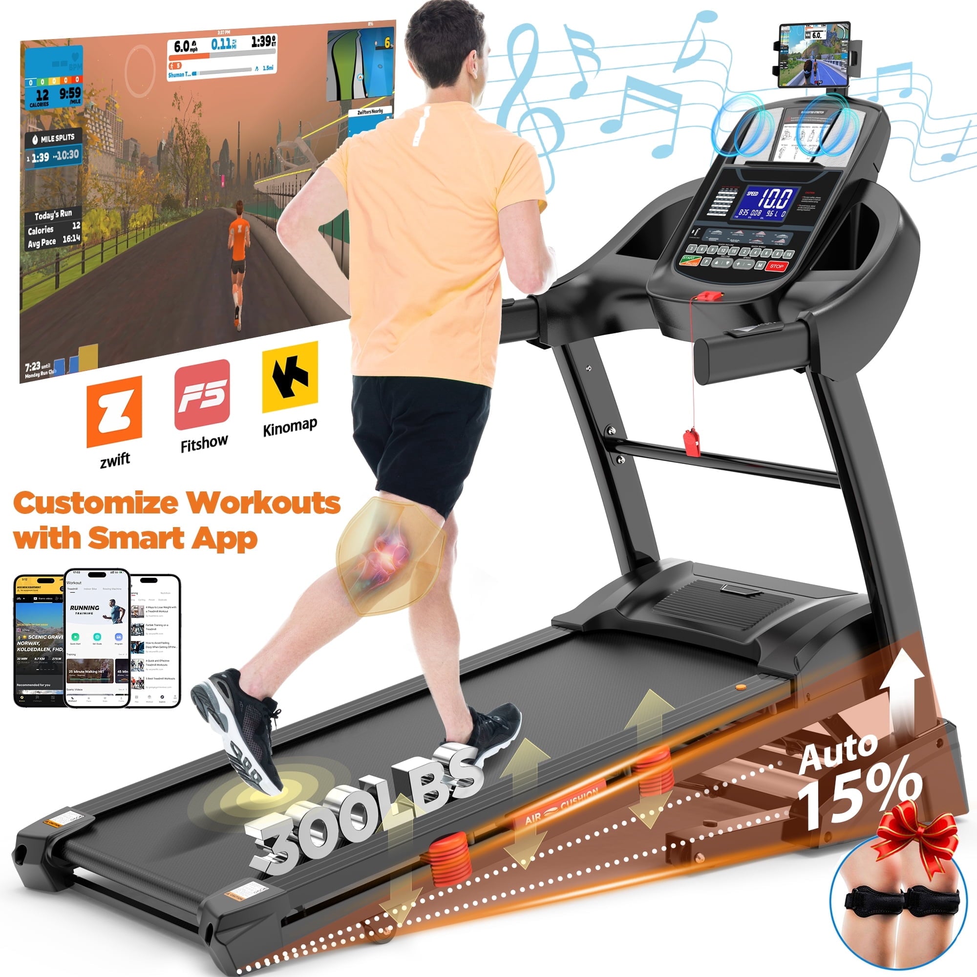 Campmoy 5.0HP 300LB Capacity Treadmill for Home, Foldable Treadmill w/ 15% Auto Incline, Immersive Run w/ Smart APP, 64+7 Workout Programs, 10MPH, Shock-Absorbing Exercise Treadmill for Walking Running