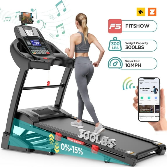 MAJUNES 5.0HP Folding Treadmills 300 lbs Capacity, Treadmills for Home Use with 15% Incline, 10MPH Treadmill with APP Control, 71 Programs, Adjustable iPad Holder, Knee Strap Gift