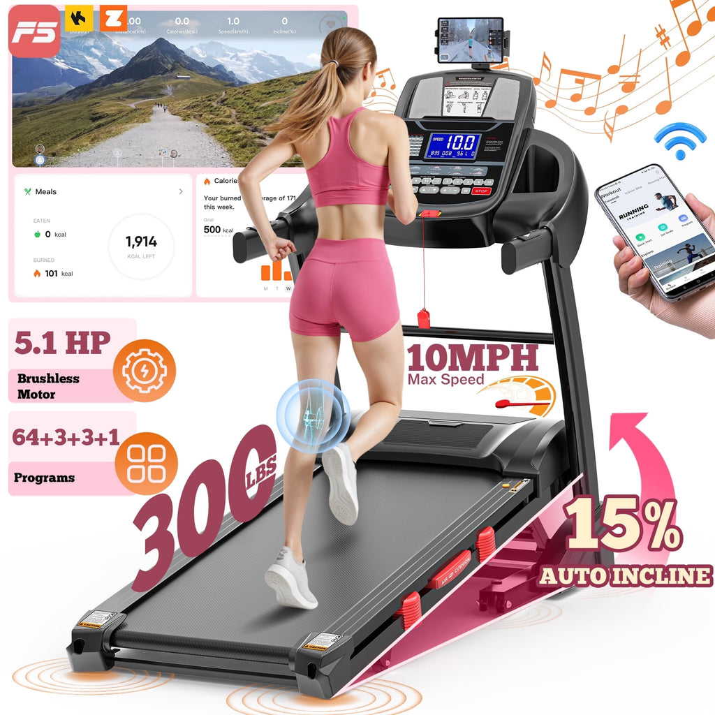 FaayFian 5.1HP Folding Treadmills for Home, Treadmill 300lbs Capacity with 15% Incline, Max 10MPH Speed, Treadmill Running Machine with APP & Bluetooth, Shock Absorption, Home&Office