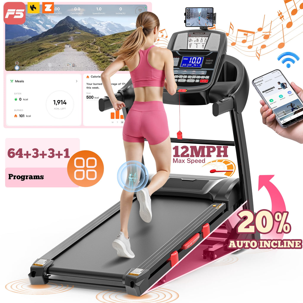 FaayFian 5.1HP Folding Treadmills for Home, Treadmill 400lbs Capacity with 20% Incline, Max 12MPH Speed, Treadmill Running Machine with APP & Bluetooth, Shock Absorption, Home&Office