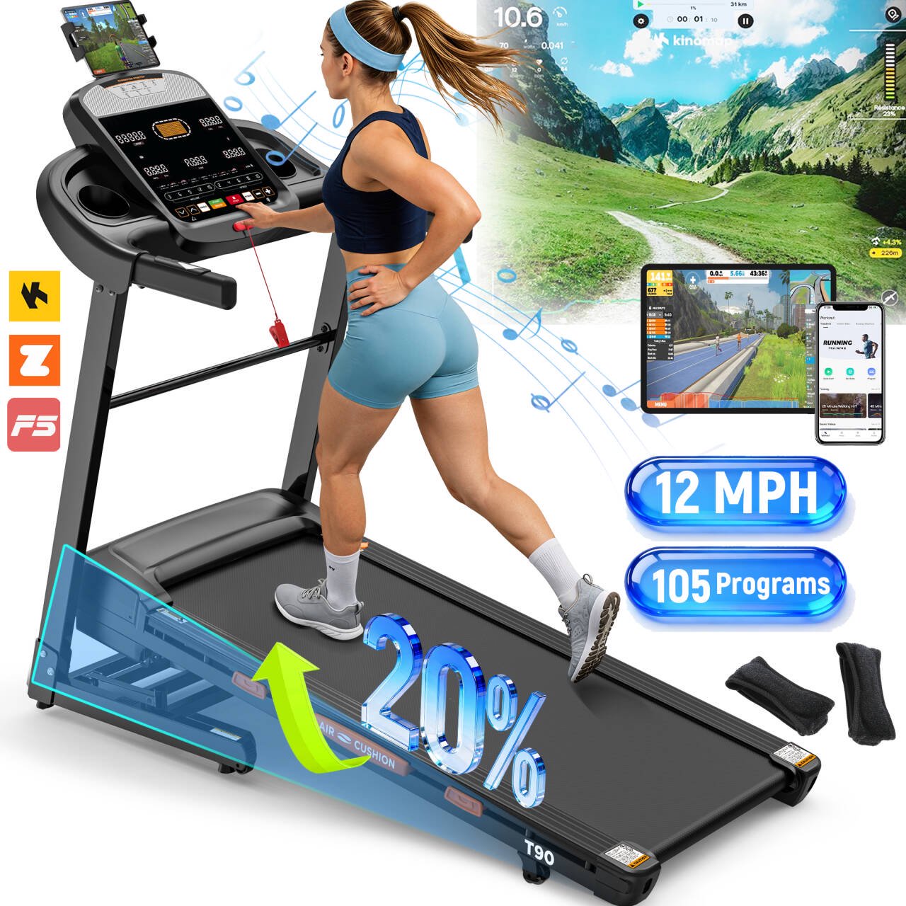 Campmoy 5.1HP Treadmill for Home 400lb Capacity, 12MPH Portable Treadmill with 20% Incline, Smart APP Control, 105 Programs, Cushioned Running Belt, Exercise Treadmill for Jogging Walking