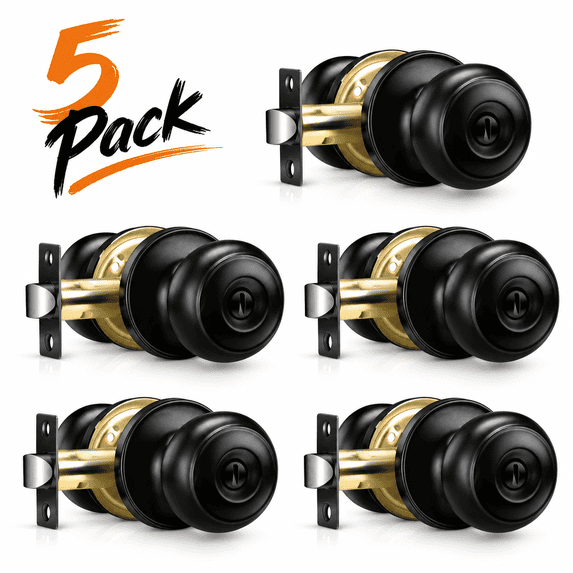 ODYAAZ 5 Pack Privacy Door Knob Set, Interior & Exterior Ball Door Knobs for Bedroom & Bathroom, Adjustable Latch, Stainless Steel Matte Black Finish