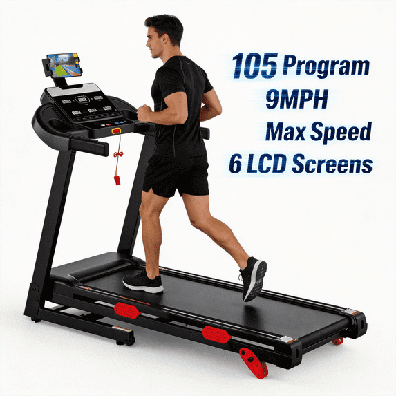 AQUGOKS 5 in-1 Treadmill with 9MPH, 3.45 Incline Treadmill for Home,96+5+3+1 Programs, 320LBS Capacity, 6 LCD Screens, Smart APP Control, Exercise Treadmill Running Walking Machine with Knee Straps