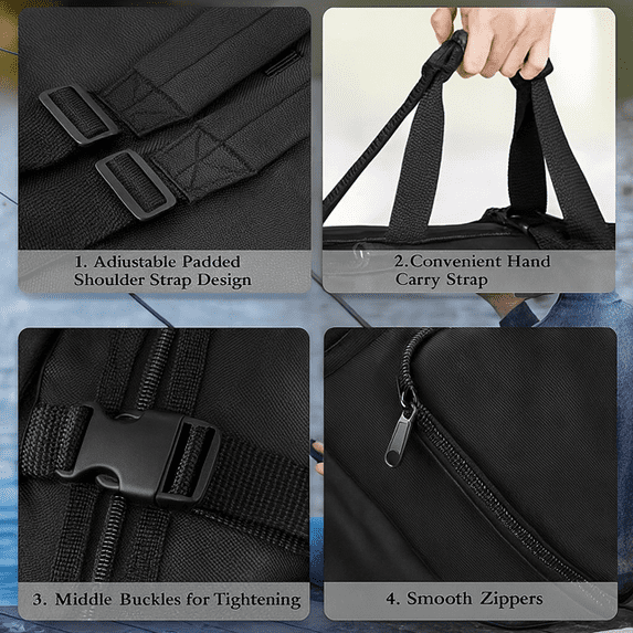 MAJUNES Fishing Bag, Durable Canvas Fishing Rod Bag, Fishing Rod Case Holds 5 Poles and Tackle, Black