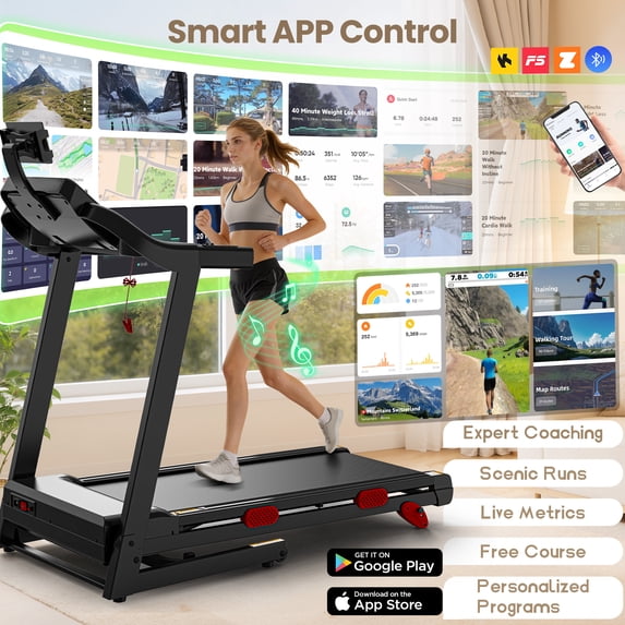 Campmoy 3.65HP 9MPH Treadmill for Home, 330LBS Capacity, Folding Treadmill w/ Incline & 105 Programs, Virtual Run with APP Control, Air damping System, Portable Exercise Equipment for Jogging Walking