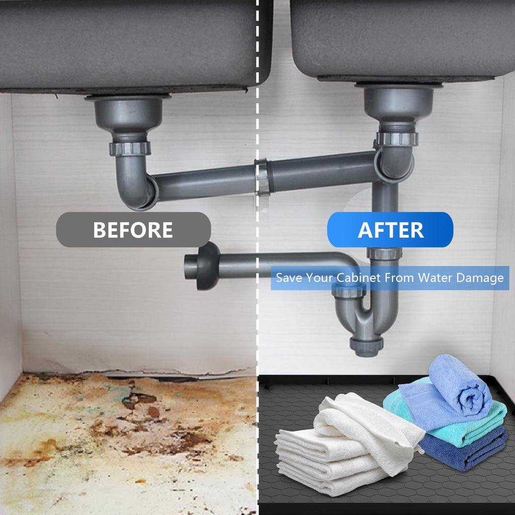 MAJUNES Under Sink Mat, Campmoy 34" x 22" Under Sink Mats for Kitchen Waterproof - Silicone Under Sink Liner Drip Tray with Drain Hole(Black)