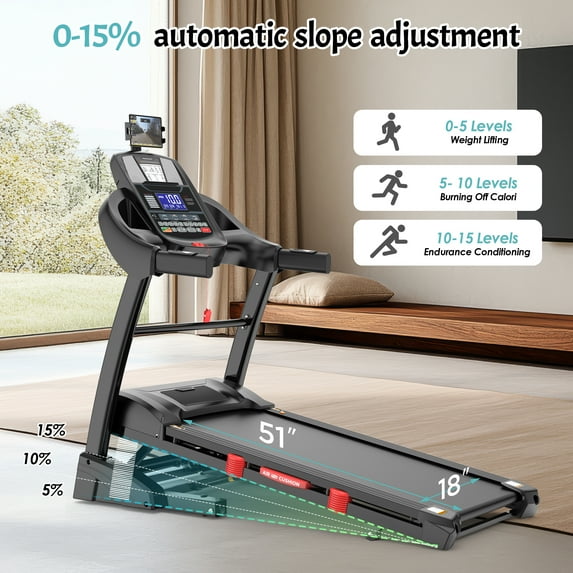 FaayFian 300lbs Capacity Treadmill, Folding Treadmill with 15%Incline, Electric Treadmill with APP Control, 0.6-10MPH, 64+3+3+1Programs, Shock Absorption