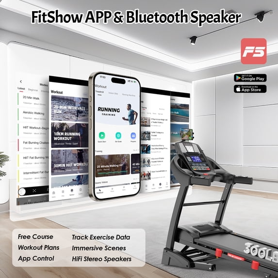 FaayFian Folding Electric Treadmill for Home, 5HP Motor, 300 Lbs Capacity, Up to 12 MPH Running Machine with 20% Auto Incline, APP & Bluetooth Control, Shock Absorption, HiFi Stereo Speakers, Compact Fitness
