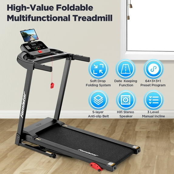 Famistar Treadmill 300 LB Capacity for Home with Incline, Folding Electric Running Walking Treadmill, Portable Treadmill for Home Use, 7.5 MPH, Smart Apps, 64+7 Programs, Bluetooth Speakers