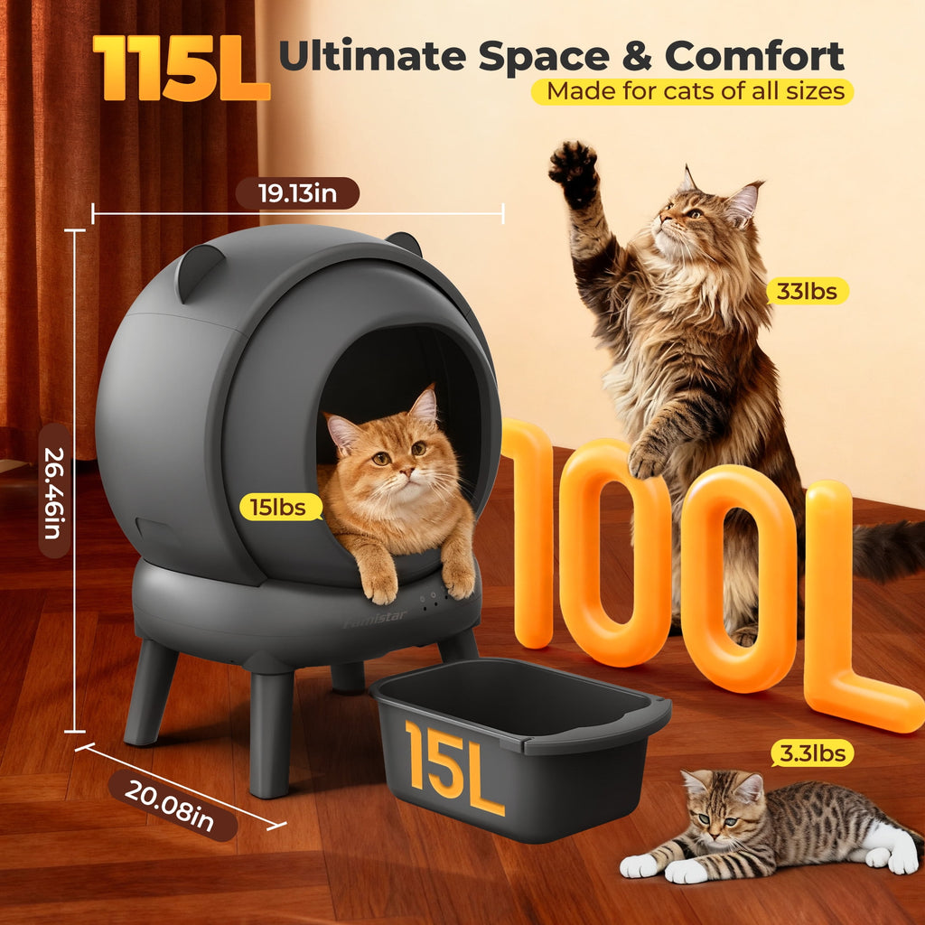 Qvamodo Self Cleaning Litter Box, 100 L+15L Automatic Cat Litter Box Self Cleaning for Multiple Cats, with Safety Protection, App Control,2 Roll Garbage Bags+Cat litter mat