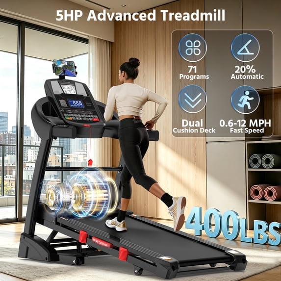 AQUGOKS Home 4.95HP Treadmill with 20% Auto Incline, 400LB Capacity Foldable Treadmills with 12MPH Max Speed, 71 intelligent Programs, 51"×18" Extra-Wide Running Surface, Walking Running Electric Machine