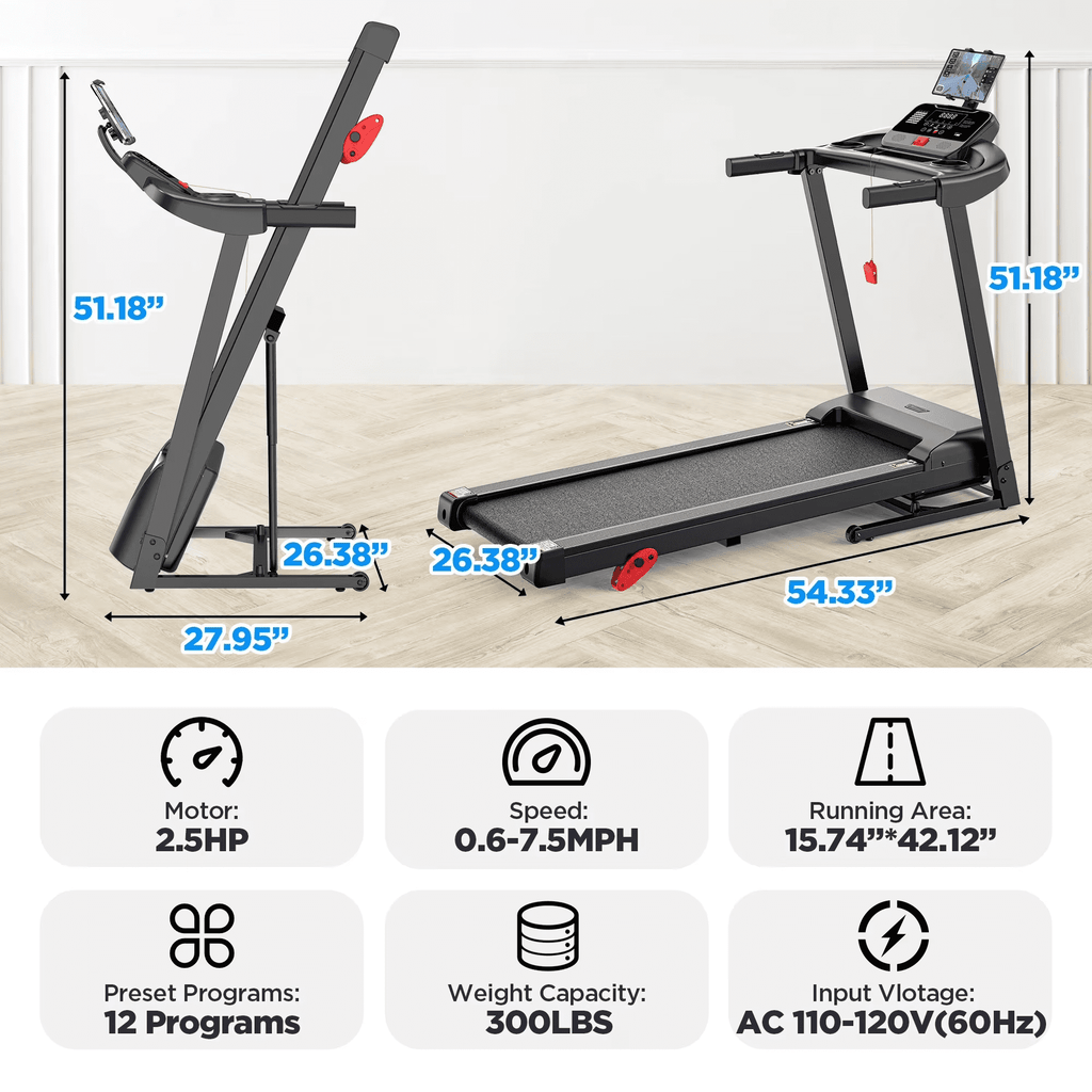 ODYAAZ Folding Treadmill for Home Use, 3.0HP Quiet Motor, 0–7.5 MPH Speed Range, APP Control with LED Console, Compact Foldable Design for Walking, Jogging & Apartment Fitness
