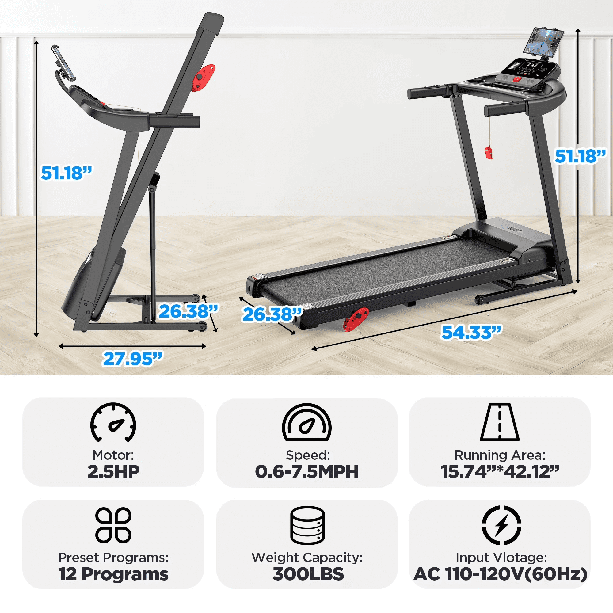 ODYAAZ Folding Treadmill for Home Use, 3.0HP Quiet Motor, 0–7.5 MPH Speed Range, APP Control with LED Console, Compact Foldable Design for Walking, Jogging & Apartment Fitness