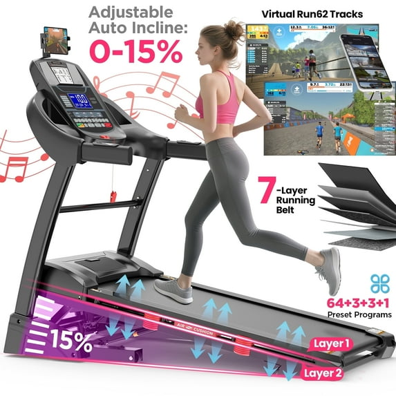 Famistar 5HP Foldable Treadmill w/ 15% Auto Incline, 400LB Treadmill for Home Jogging Walking, Personalized App Control, 71 Programs,10MPH Fast Speed for Varied Workout Intensity, Shock Absorption Dual Deck