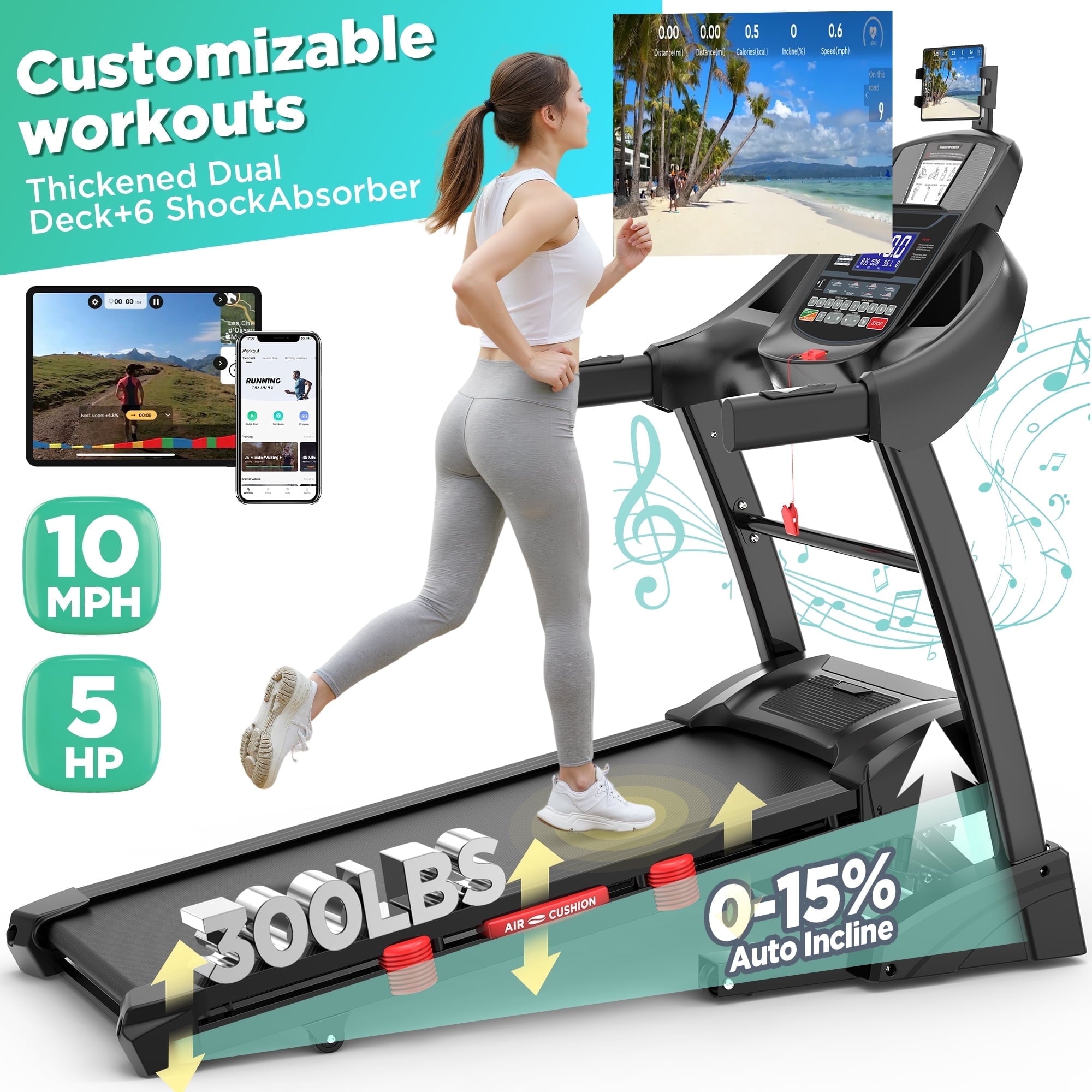 Qvamodo 5HP Foldable Treadmill w/ 300lb Capacity, 15% Auto Incline Treadmill, Smart APP w/ Training Course, 10MPH, 71 Preset Programs - for Home or Office Use, Portable Running and Walking Machine