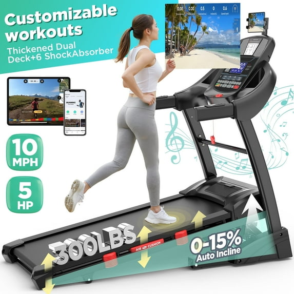 Qvamodo 5HP Foldable Treadmill w/ 300lb Capacity, 15% Auto Incline Treadmill, Smart APP w/ Training Course, 10MPH, 71 Preset Programs - for Home or Office Use, Portable Running and Walking Machine