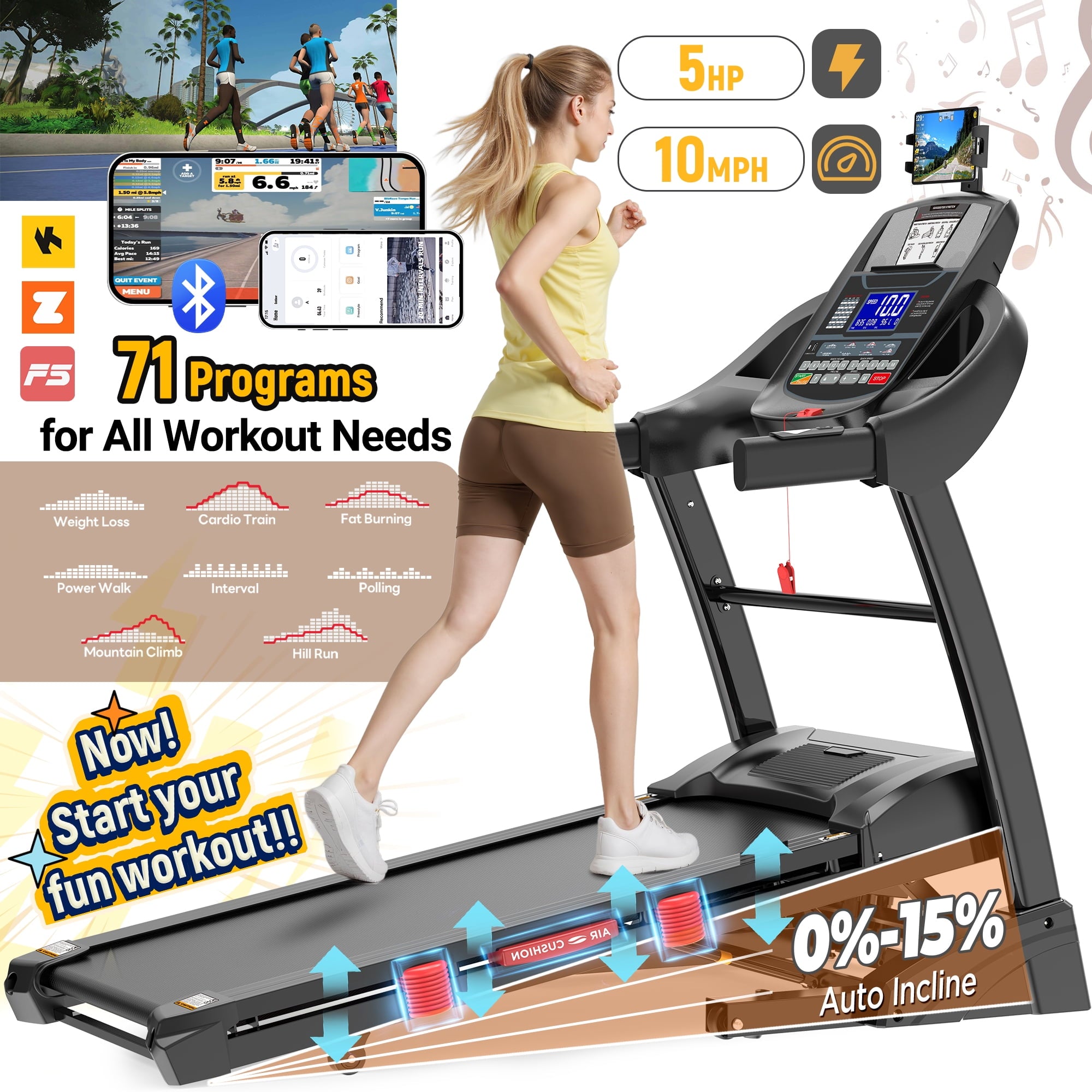 Qvamodo 5HP Folding Treadmill with 300lb Capacity, Portable Treadmill with 15-Level Auto Incline, 64+7 Preset Programs, APP Control - Home Jogging and Walking Machine, 10MPH Speed, Dual HiFi Speakers