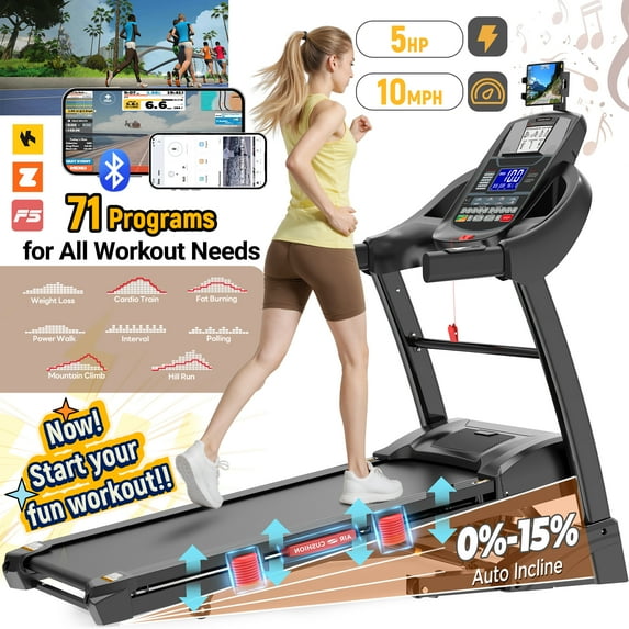 Qvamodo 5HP Folding Treadmill with 300lb Capacity, Portable Treadmill with 15-Level Auto Incline, 64+7 Preset Programs, APP Control - Home Jogging and Walking Machine, 10MPH Speed, Dual HiFi Speakers