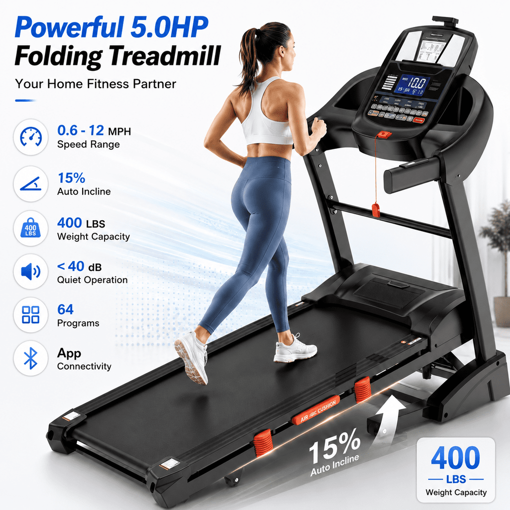 Qvamodo 5HP Folding Treadmill for Home with 15-Level Auto Incline, 12 MPH Speed, 400 lbs Capacity, 51" x 18" Wide Running Belt, APP Control, Bluetooth Speakers