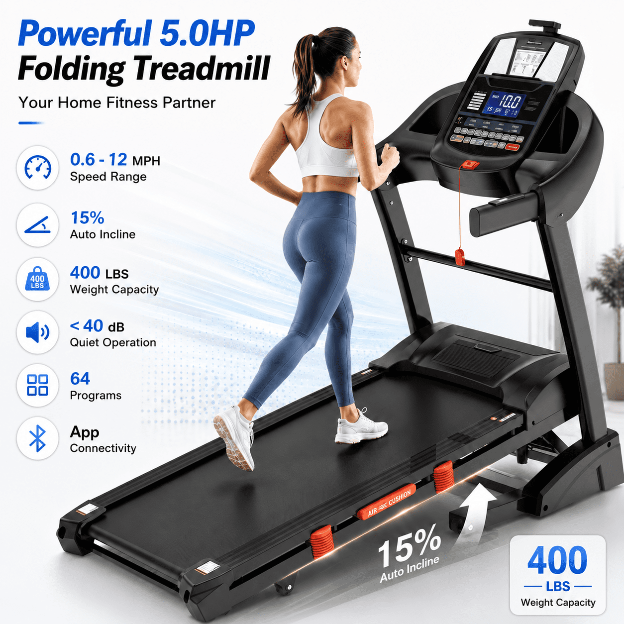 Qvamodo 5HP Folding Treadmill for Home with 15-Level Auto Incline, 12 MPH Speed, 400 lbs Capacity, 51" x 18" Wide Running Belt, APP Control, Bluetooth Speakers