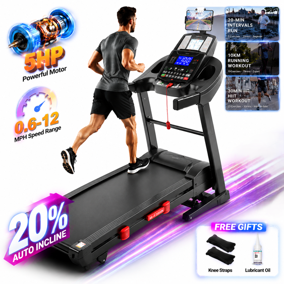 OXIBYPU 5HP Folding Treadmill for Home with Incline, 20 Level Auto Incline Treadmill, 12MPH Speed, 400 LBS Capacity, Smart APP Control, 71 Programs, 51" x 18" Shock Absorbing Running Belt, Exercise Equipment
