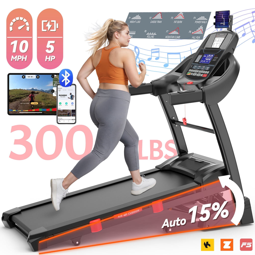 Qvamodo 5HP Folding Treadmill w/ 15% Auto Incline for Home with 300LB Capacity, Walking Jogging Treadmill w/ Smart APP Control, 71 Preset Programs, 10MPH, Portable Running Machine w/ HiFi Dual Speakers