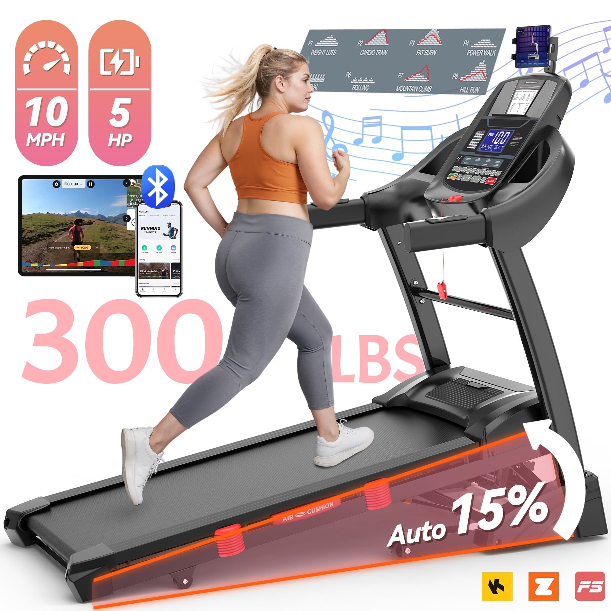 Qvamodo 5HP Folding Treadmill w/ 15% Auto Incline for Home with 300LB Capacity, Walking Jogging Treadmill w/ Smart APP Control, 71 Preset Programs, 10MPH, Portable Running Machine w/ HiFi Dual Speakers
