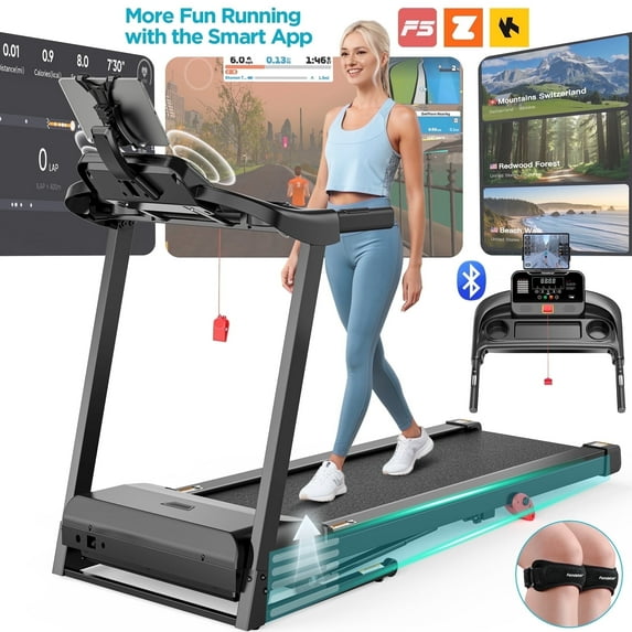 Qvamodo 3HP Treadmill for Home, 300LBS Capacity Folding Treadmill w/ Incline, Virtual Run with APP Connection, 64+3+4 Program, 7.5MPH Portable Exercise Equipment for Jogging Walking