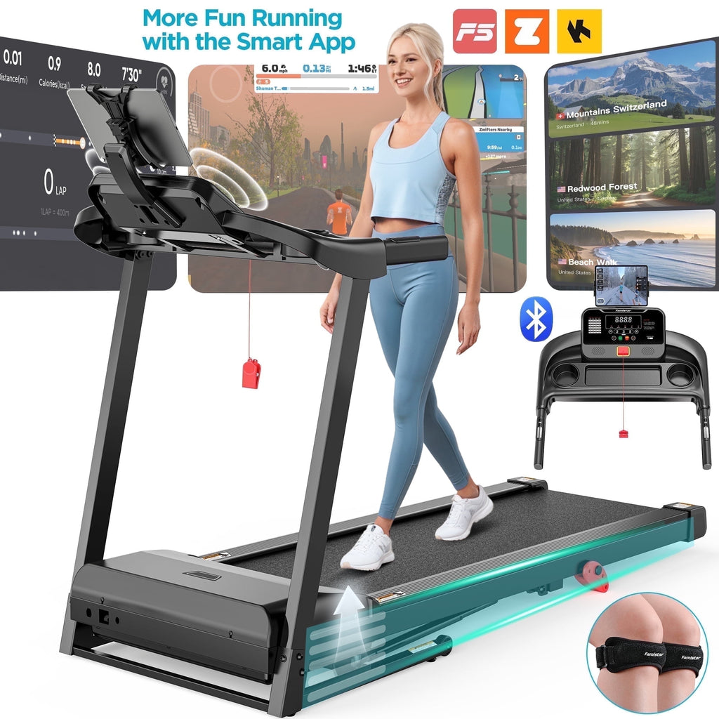 Qvamodo 3HP Treadmill for Home, 300LBS Capacity Folding Treadmill w/ Incline, Virtual Run with APP Connection, 64+3+4 Program, 7.5MPH Portable Exercise Equipment for Jogging Walking