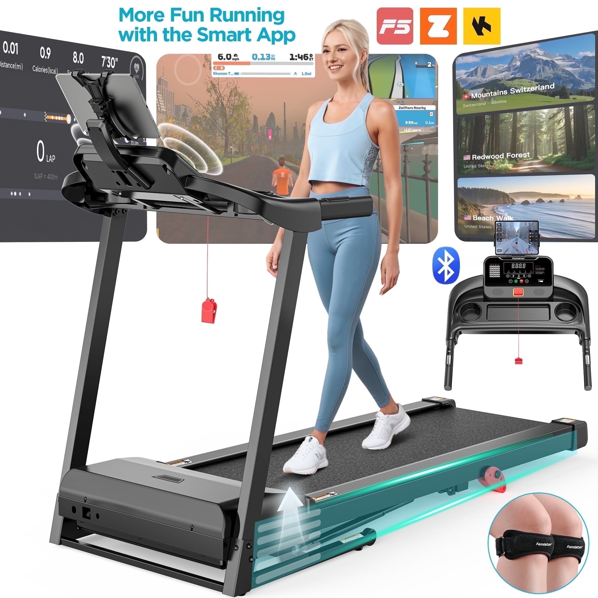 Qvamodo 3HP Treadmill for Home, 300LBS Capacity Folding Treadmill w/ Incline, Virtual Run with APP Connection, 64+3+4 Program, 7.5MPH Portable Exercise Equipment for Jogging Walking