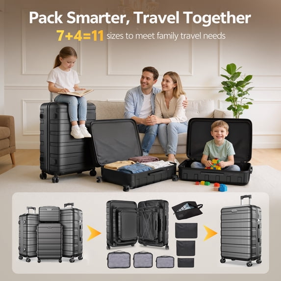 AQUGOKS Luggage Sets 11 Piece Suitcases with Wheels, Suitcase Set ABS Hard Case Luggage with Lock Spinner Wheels Durable Travel Luggage