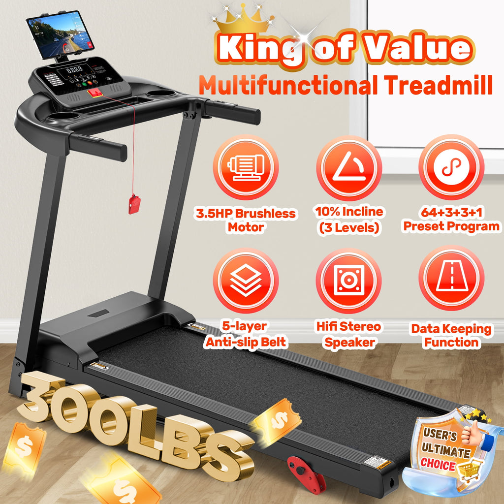 Campmoy 300 lbs Capacity Treadmill for Home, 3.5HP Folding Treadmill w/ 71 Preset Workouts, APP with Free Train Courses, Dual HiFi Speakers, Exercise Equipment for Walking, Jogging, Running