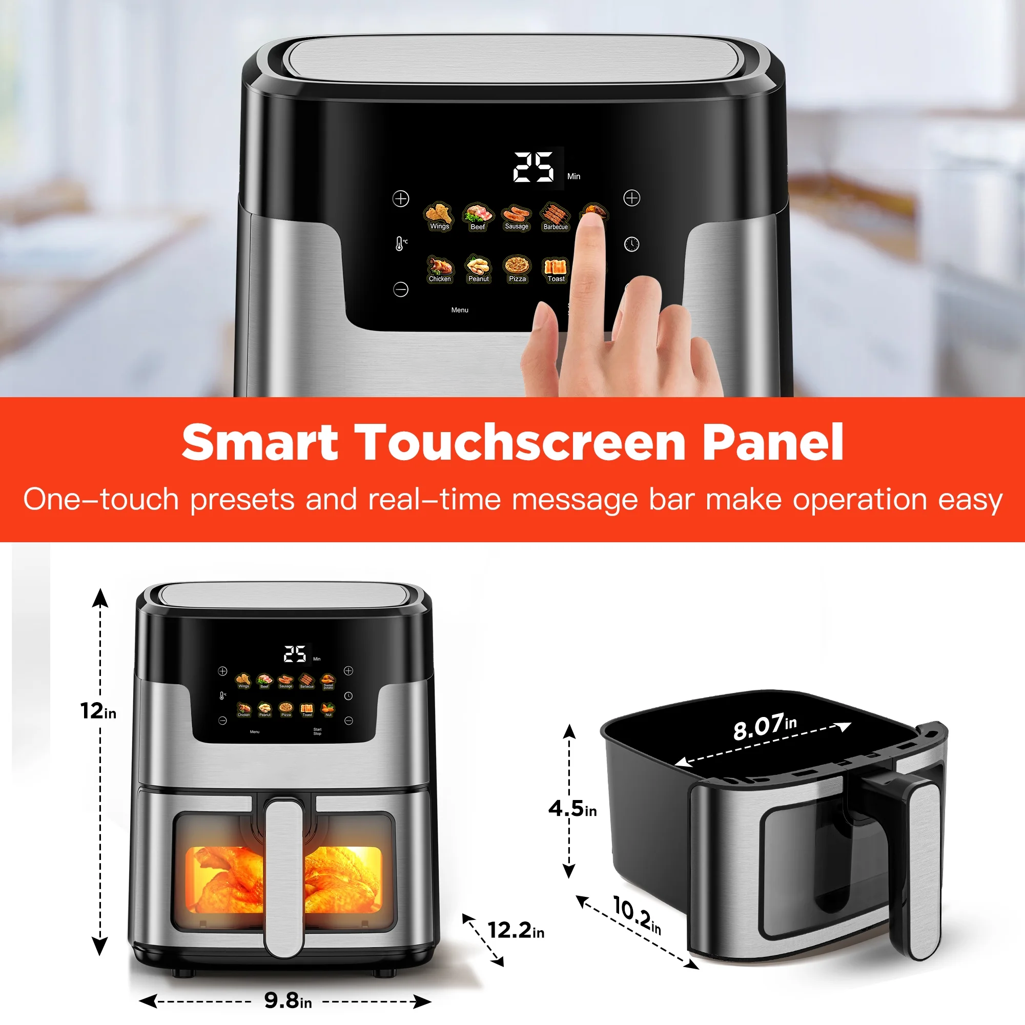 WNANEEZ Air Fryer Oven, 10-in-1 Family Size 7.5Qt Air Fryer with Visible Window & Light, Digital LED Touch Screen, 10 Preset Cookings, 95% Less Oil, Nonstick Easy Clean Basket, 100Pcs Liner