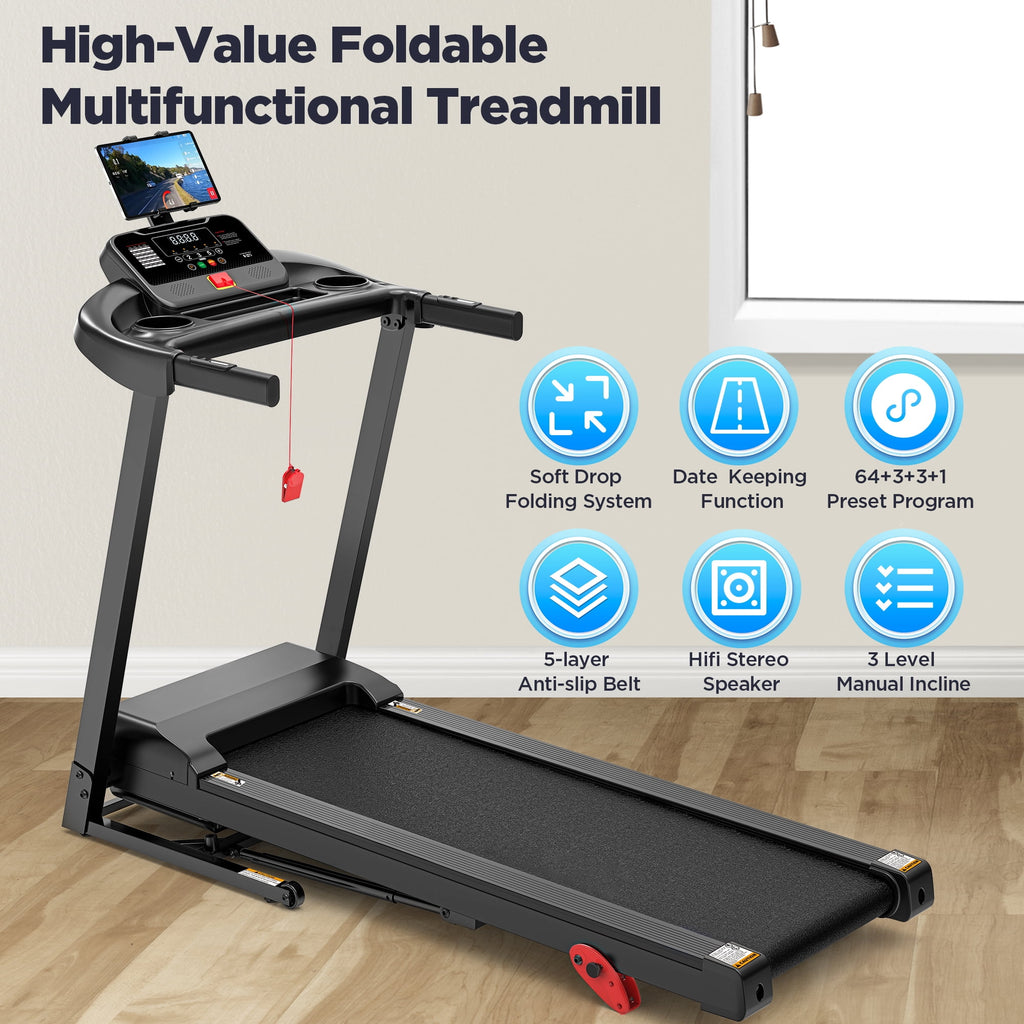 3HP Treadmill with Auto Incline and Handles, Portable Foldable Heavy Duty Treadmill for Home, 300-350 lbs Capacity, 7.5 MPH, 71 Programs, Free App Workouts, Walking, Jogging, Running Machine