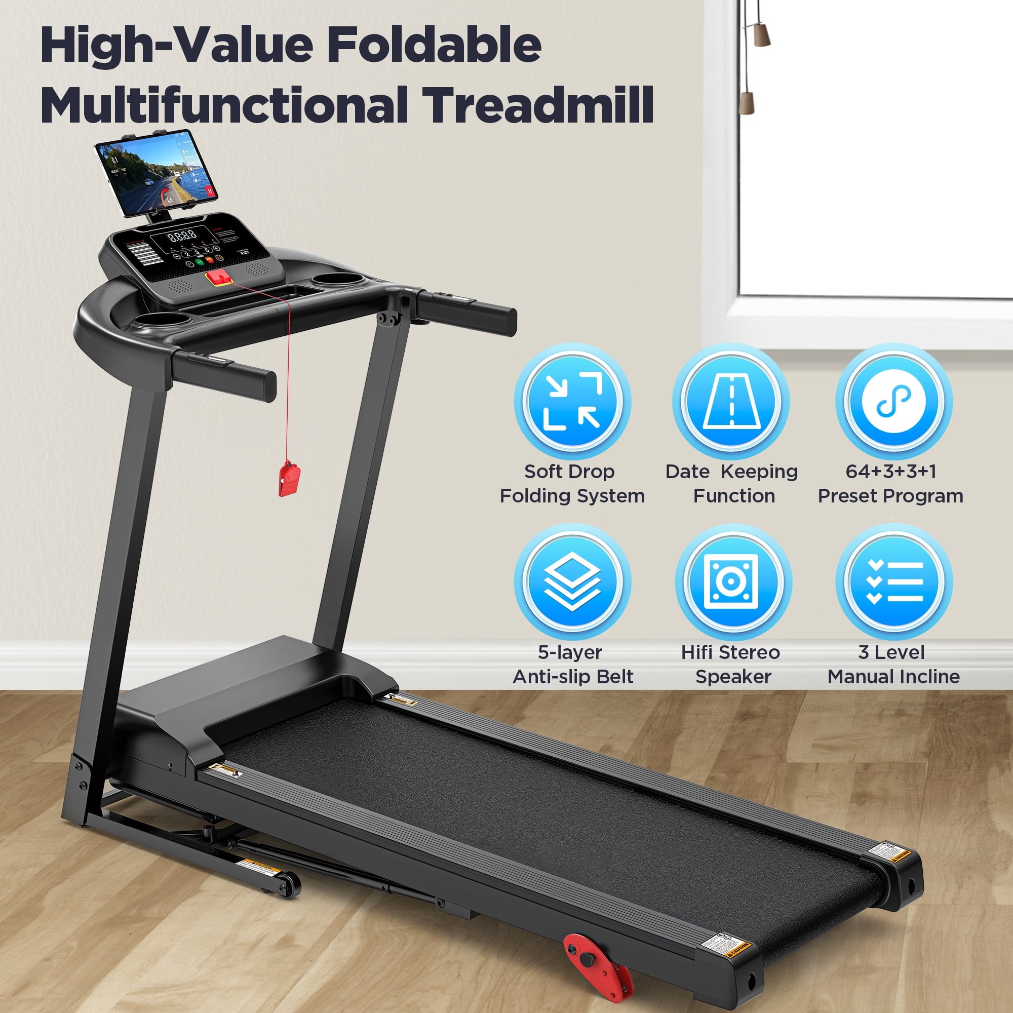3HP Treadmill with Auto Incline and Handles, Portable Foldable Heavy Duty Treadmill for Home, 300-350 lbs Capacity, 7.5 MPH, 71 Programs, Free App Workouts, Walking, Jogging, Running Machine