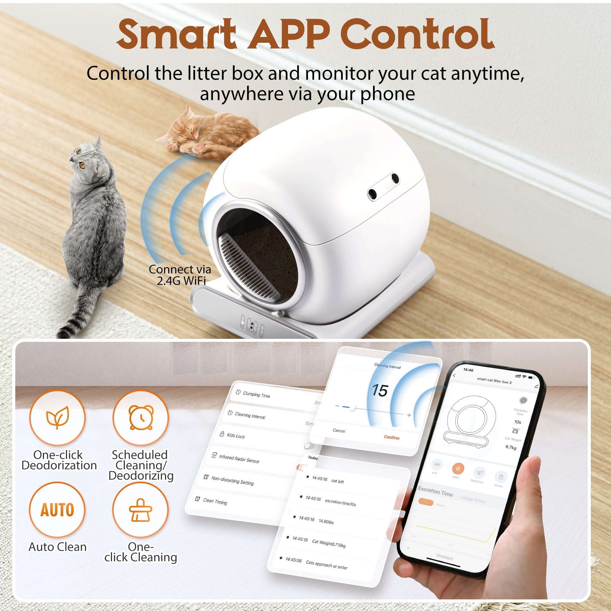 Campmoy Self Cleaning Cat Litter Box, Automatic Litter Box w/ Liner, Dual Sensor Protection for Multi Cat, APP+ Panel Control, Odor Removal, Health Monitoring, Large Capacity Litter Box